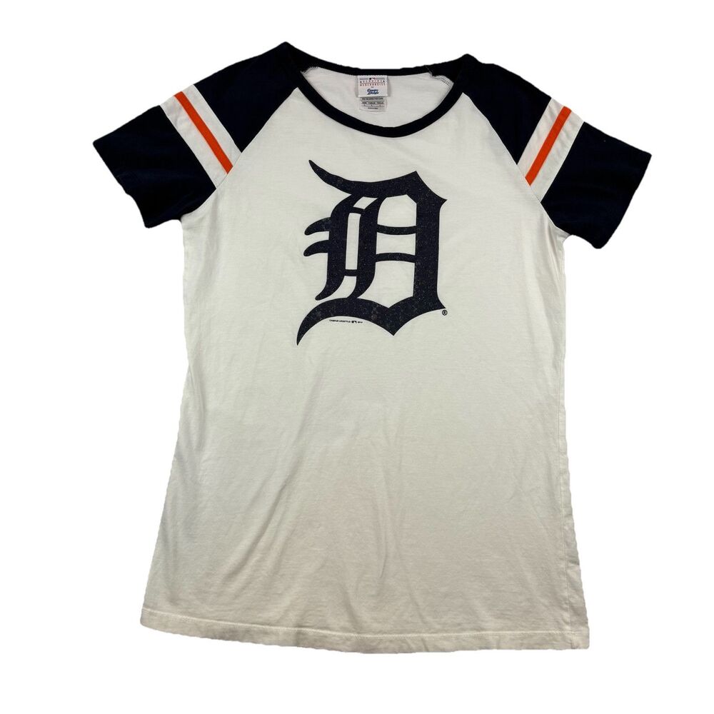 Detroit Tigers MLB Raglan Colorblock T Shirt Womens L White Crew Neck Short Slv